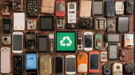 A vibrant assortment of old mobile devices and gadgets showcasing their unique designs. The image emphasizes the importance of recycling technology for sustainability.の素材