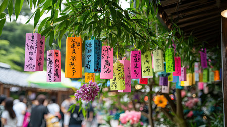 Colorful decorative wishes hang from bamboo in a traditional Japanese street, creating a vibrant atmosphere filled with culture and joy for visitors.の素材