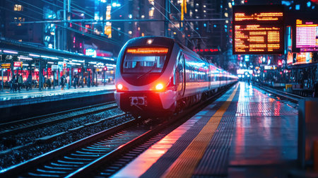 A sleek modern high-speed train arrives at a vibrant night station adorned with neon lights. The dynamic atmosphere captures the essence of urban transportation and travel.の素材
