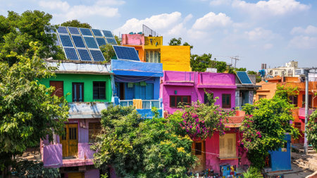 A vibrant urban scene showcasing colorful houses featuring solar panels, surrounded by lush greenery, highlighting sustainable living and modern architecture.の素材