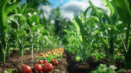 A vibrant vegetable garden featuring fresh tomatoes and lush greenery under bright sunlight. This scene captures the essence of agriculture and sustainability.の素材