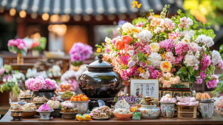A vibrant display of traditional cuisine surrounded by colorful flowers. Perfect for capturing festive moments, culture, and beauty in celebrations and events.の素材