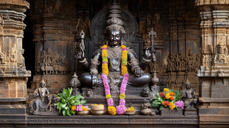 This captivating image features a majestic bronze statue adorned with vibrant floral arrangements, highlighting the beauty of spirituality and cultural heritage.の素材