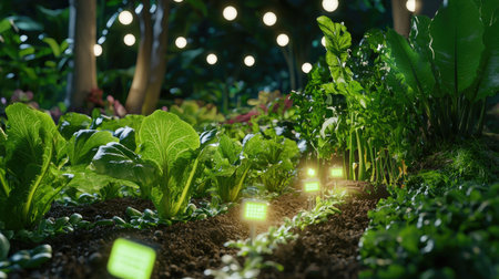 Explore a serene garden scene featuring healthy vegetables illuminated by warm lights, capturing the essence of fresh growth in a tranquil environment.の素材