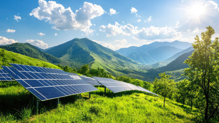 A picturesque scene featuring solar panels set against lush green hills and majestic mountains under a bright blue sky. Perfect for concepts of renewable energy and sustainability.の素材