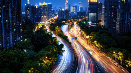 Captivating night cityscape showcasing flowing traffic and illuminated buildings, reflecting the vibrant energy of urban life and modern architecture.の素材