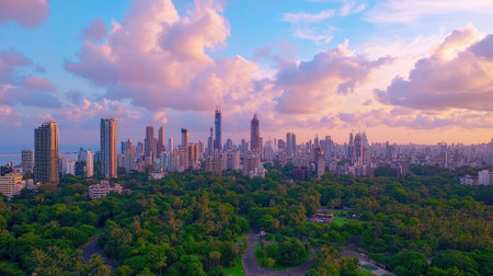 Stunning aerial view of a vibrant city skyline enveloped by lush greenery during sunset. The scene captures the beauty of urban life against a colorful sky.の素材