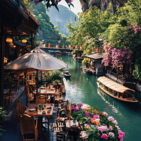 Discover a picturesque dining scene by a tranquil canal, surrounded by vibrant flowers and lush greenery, offering a perfect retreat for relaxation and leisure.の素材