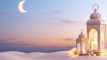 A serene scene features decorative lanterns casting a warm glow on soft sand dunes under a crescent moon. Ideal for capturing tranquility in evening settings.の素材