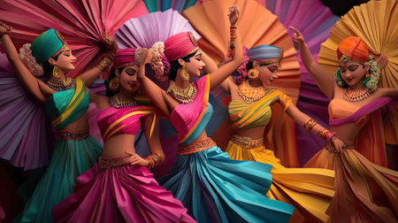 A vibrant dance performance showcasing traditional costumes and colorful fans. The image captures the essence of cultural celebration through elegant movement and artistry.の素材
