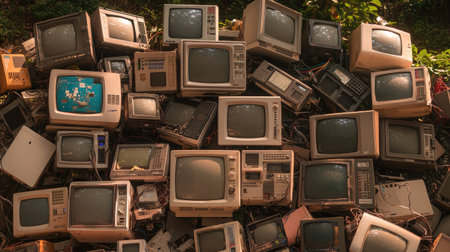 A chaotic scene showcases numerous vintage computer monitors stacked amidst greenery, embodying the intersection of technology and nature, evoking nostalgia.の素材