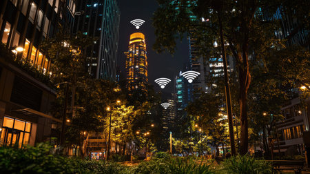 A vibrant night cityscape featuring modern skyscrapers and trees, highlighted by glowing WiFi signals, embodying the intersection of technology and urban nature.の素材