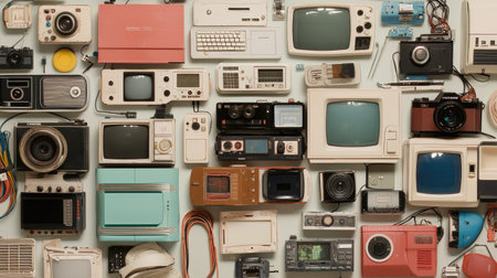 A captivating collage showcasing various vintage gadgets and electronic devices, highlighting the evolution of technology through an array of colors and styles.の素材