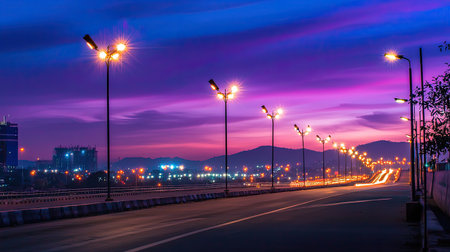 A stunning cityscape at dusk featuring illuminated streetlights along a quiet road. The vibrant sky transitions through shades of purple and blue, offering a serene and tranquil atmosphere.の素材