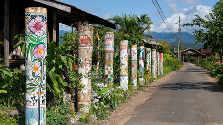 A picturesque scene showcasing colorful hand-painted poles lining a rural road, surrounded by lush greenery and mountains, offering a glimpse into local artistry and vibrant culture.の素材