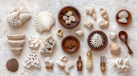 A captivating arrangement of natural shells and coastal artifacts showcases the beauty of marine life. Ideal for decor inspiration or nature themes.の素材