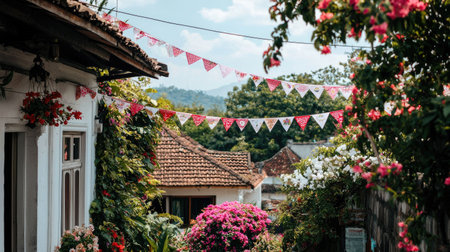 Discover a picturesque village pathway adorned with vibrant bunting and blooming flowers, creating a serene and inviting atmosphere in a beautiful setting.の素材