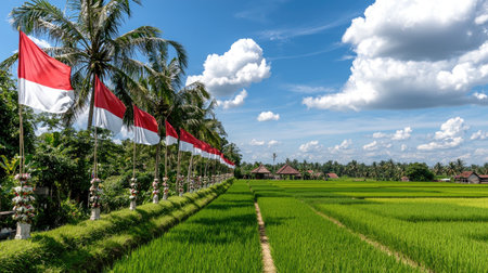 A stunning panoramic view of lush green rice fields in Indonesia, adorned with traditional flags under a vibrant blue sky, showcasing nature's beauty and rural charm.の素材