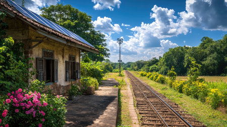An abandoned train station amidst vibrant flowers and lush greenery. A picturesque scene capturing the essence of rural tranquility and natural beauty.の素材