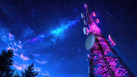 A stunning night view featuring a communication tower under a starry sky. The vibrant colors and modern equipment highlight technology against a cosmic backdrop.の素材
