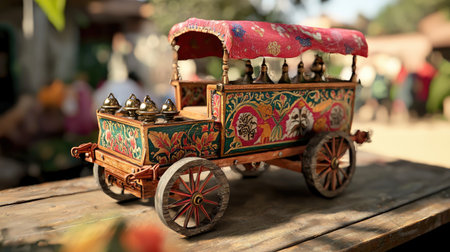 A vibrant traditional Indian toy cart, intricately crafted from wood and adorned with colorful designs, captures the essence of cultural heritage.の素材
