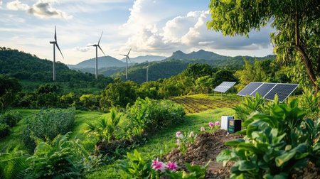 A beautiful rural landscape showcasing wind turbines and solar panels. The scene features lush greenery, mountains in the distance, and a clear blue sky, highlighting sustainable energy sources in harmony with nature.の素材