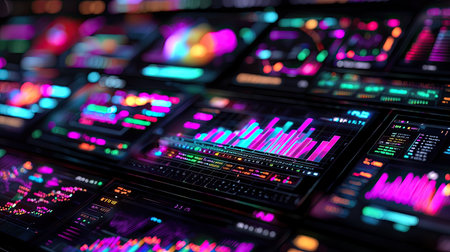 Vibrant and modern data visualization with colorful graphs and charts. The high-tech interface showcases analytics in a dynamic and engaging way, perfect for presentations.の素材