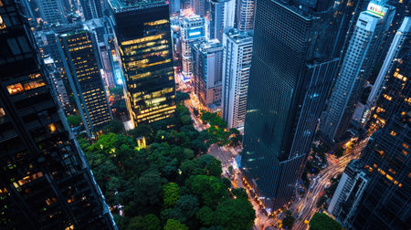 Discover a stunning aerial view of a vibrant urban cityscape at night, highlighting tall buildings, lush greenery, and bustling streets under illuminated skies.の素材