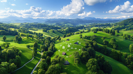 A stunning aerial view of a vibrant green landscape featuring hills and fields. Icons of technology symbolize connectivity in a rural setting, showcasing nature and innovation.の素材