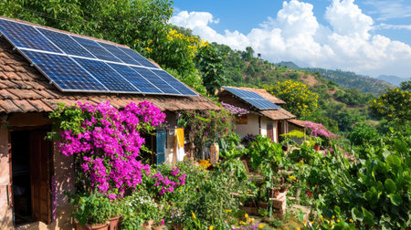 A picturesque scene showcasing cozy homes equipped with solar panels, surrounded by vibrant gardens filled with flowers, under a bright blue sky and fluffy clouds.の素材