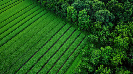 This aerial image captures the stunning contrast between vibrant green croplands and a dense, lush forest canopy, showcasing the beauty of nature and agriculture.の素材