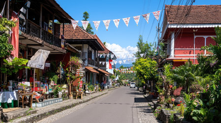 Explore this vibrant street scene in a traditional Balinese village, adorned with colorful banners and lush greenery. A picturesque escape awaits.の素材