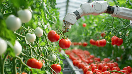 A modern robotic arm meticulously harvests ripe red tomatoes in a vibrant greenhouse. This image showcases the intersection of agriculture and technology, highlighting automation in food production.の素材