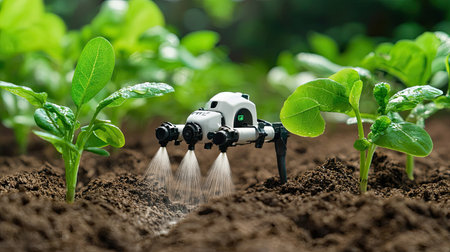 A cutting-edge agricultural drone sprays nutrients over young plants in a fertile soil bed, showcasing advancements in farming technology and sustainable practices.の素材
