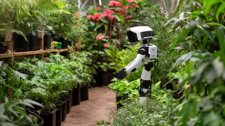 A robotic assistant positioned in a vibrant greenhouse filled with various plants and flowers showcases the future of gardening and plant care through innovative automation.の素材