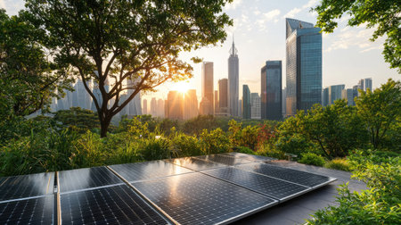 This image captures a stunning sunrise over a modern city skyline, featuring solar panels in the foreground, surrounded by lush greenery. It symbolizes urban sustainability.の素材