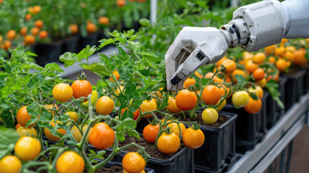 A robotic arm carefully harvests ripe tomatoes in a modern greenhouse, showcasing the intersection of technology and sustainable agriculture practices.の素材