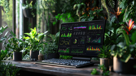 A modern computer screen displaying data analysis is surrounded by lush greenery, combining technology with nature. This image captures a serene workspace ideal for productivity.の素材