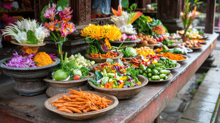 Explore a vibrant market scene filled with fresh tropical fruits and vegetables. This colorful display showcases a variety of organic produce, celebrating local cuisine and healthy eating.の素材