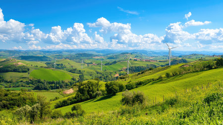 Beautiful landscape showcasing green hills and wind turbines under a clear blue sky. This image captures the essence of nature and renewable energy in harmony.の素材
