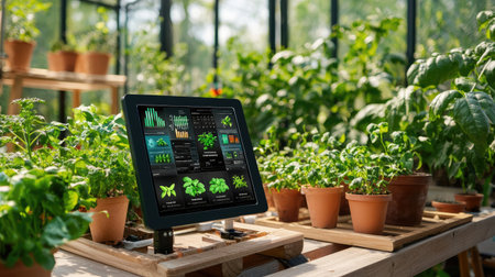 A digital monitor in a greenhouse showcases plant growth data. The image highlights technology's role in enhancing agricultural practices and plant management.の素材