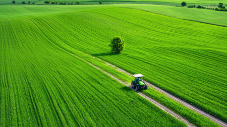 A serene landscape showcases a green tractor navigating through a lush field. A solitary tree stands tall, embodying the essence of rural agriculture.の素材