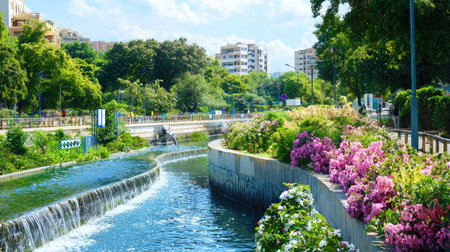 A beautiful urban park scene featuring vibrant flowers alongside a flowing river, creating a serene escape in the city. A perfect blend of nature and architecture.の素材