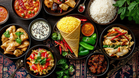 Explore a vibrant display of Indian cuisine featuring an array of flavorful dishes, spices, and fresh ingredients served beautifully on a traditional table.の素材