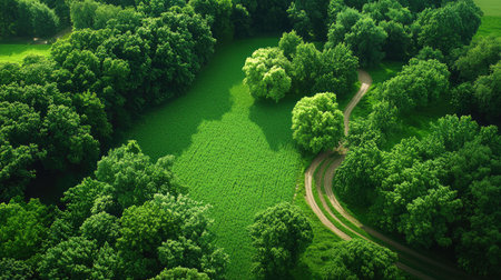 An aerial view of a lush green forest landscape featuring a winding path that cuts through vibrant foliage, showcasing the beauty of nature and tranquility.の素材