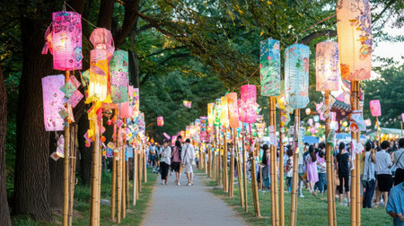 A vibrant pathway lined with colorful lanterns creates a joyful atmosphere during an outdoor festival, inviting people to celebrate and enjoy the evening.の素材