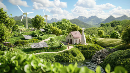 A serene green landscape featuring a cozy house, wind turbines, and solar panels, reflecting harmony and sustainable living in nature embrace.の素材