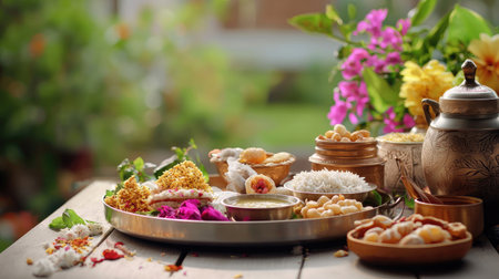 A vibrant collection of traditional Indian dishes displayed on a tray, surrounded by flowers. Perfect for celebrating festivals or family gatherings, showcasing rich culture.の素材