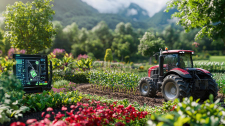 A modern tractor operates in a lush agricultural field, showcasing advanced farming technology. Vibrant plants surround the machinery, highlighting innovation in sustainable agriculture.の素材