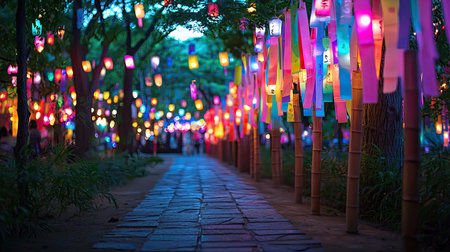 A breathtaking scene featuring colorful lanterns illuminating a tranquil pathway. This vibrant festival captures the essence of celebration and beauty in nature.の素材